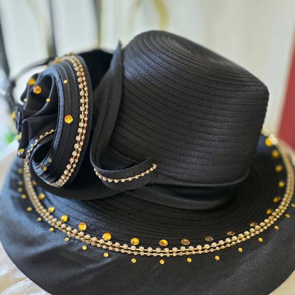NIB Champagne Italy black whimsical hat with satin ribbons and bows, gemstones - Picture 2 of 4